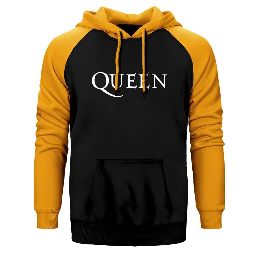 Queen Logo Hoodie, Double Color Raglan Sleeve Yellow Sweatshirt