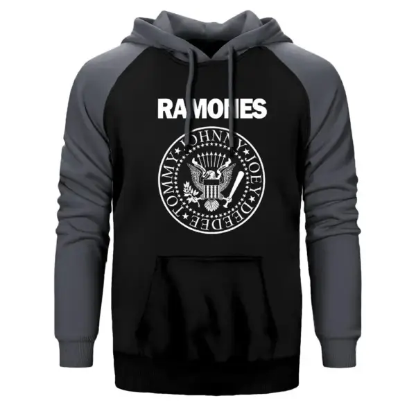 Ramones BW Hoodie, Double Color Raglan Sleeve Gray Sweatshirt