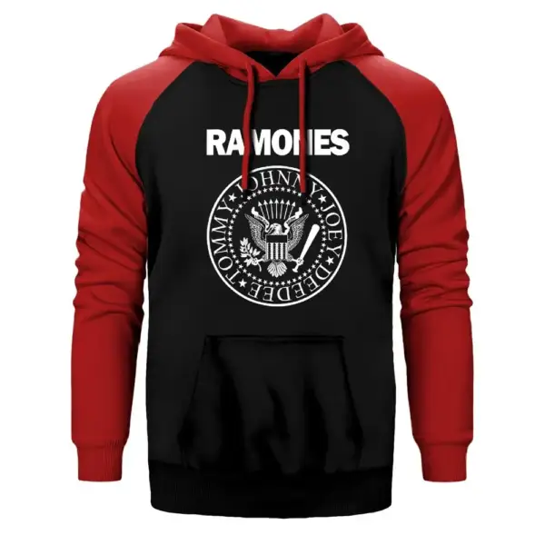 Ramones BW Hoodie, Double Color Raglan Sleeve Red Sweatshirt