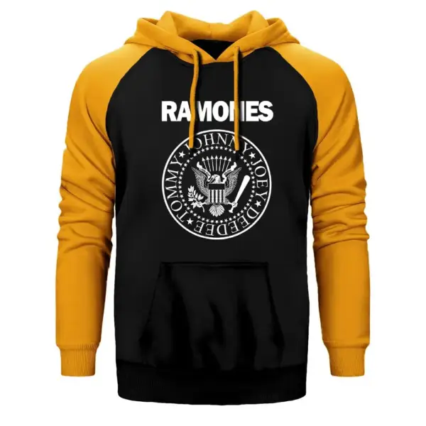 Ramones BW Hoodie, Double Color Raglan Sleeve Yellow Sweatshirt