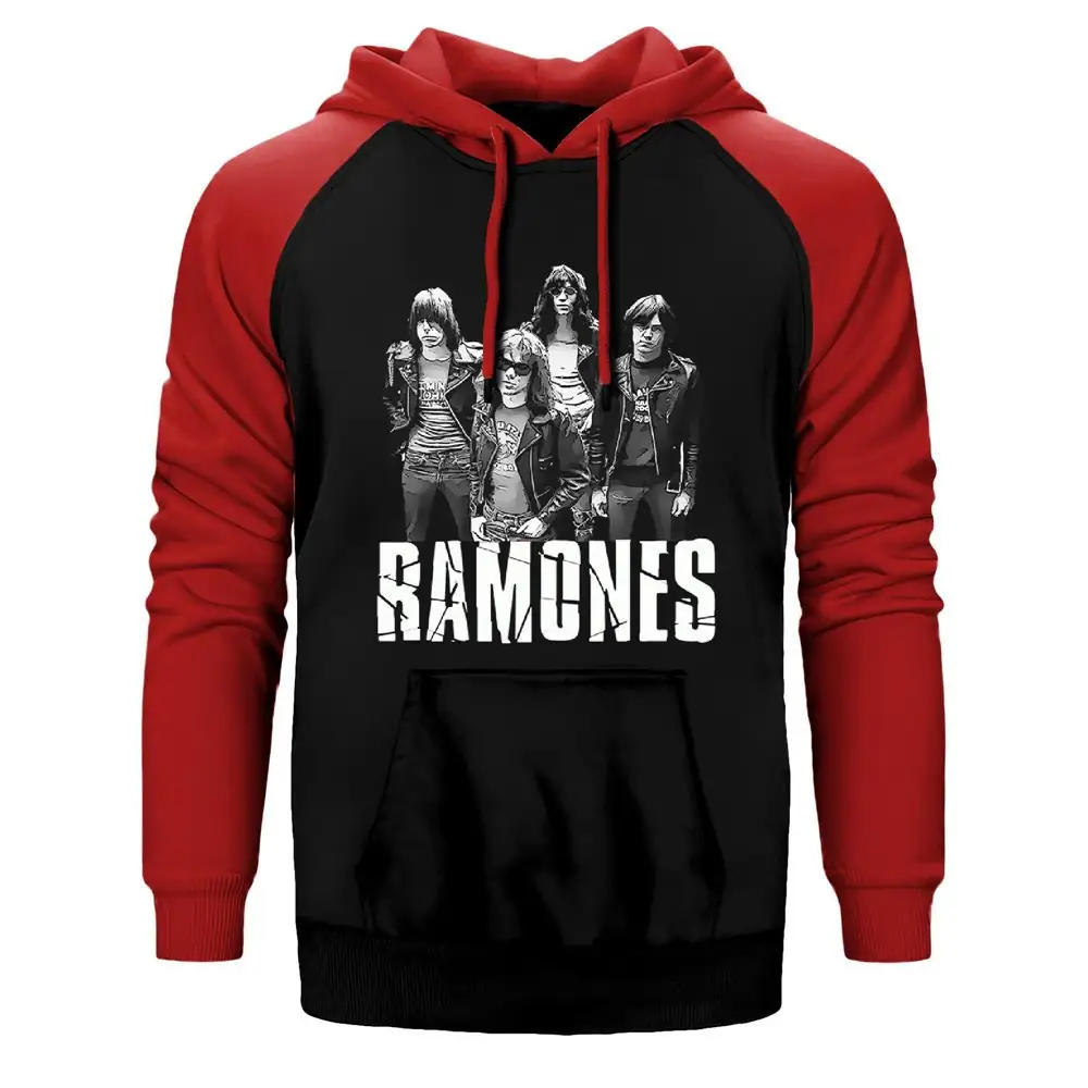 Ramones Band Hoodie, Double Color Raglan Sleeve Red Sweatshirt