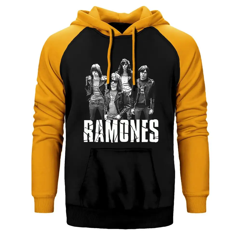 Ramones Band Hoodie, Double Color Raglan Sleeve Yellow Sweatshirt