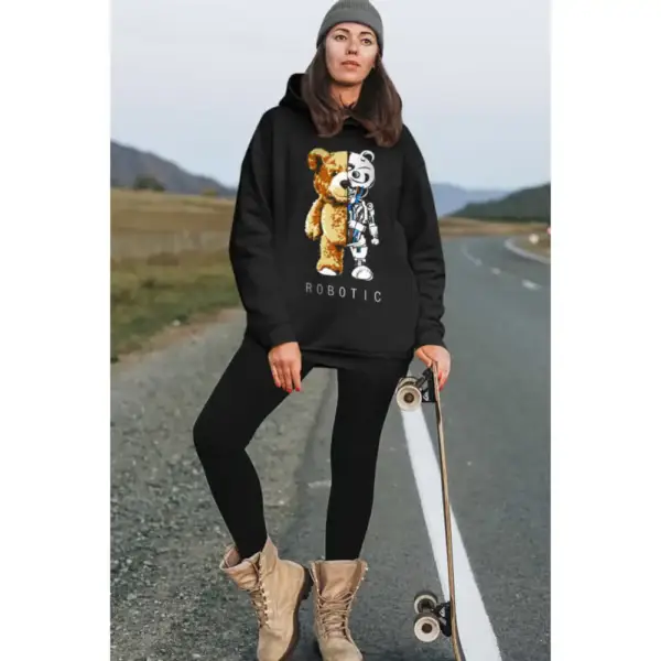 Robot Bear Hoodie Thick Oversize Women's Black Sweatshirt