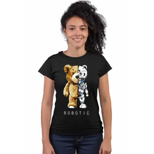 Robot Bear Women's Short Sleeve Black T-shirt