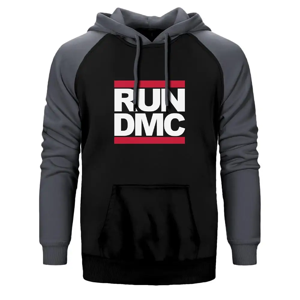 Run Dmc Classic Hoodie, Double Color Raglan Sleeve Gray Sweatshirt