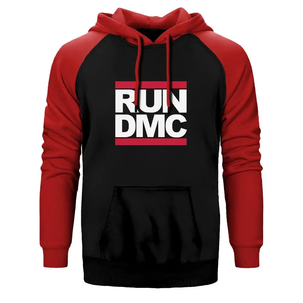 Run Dmc Classic Hoodie, Double Color Raglan Sleeve Red Sweatshirt