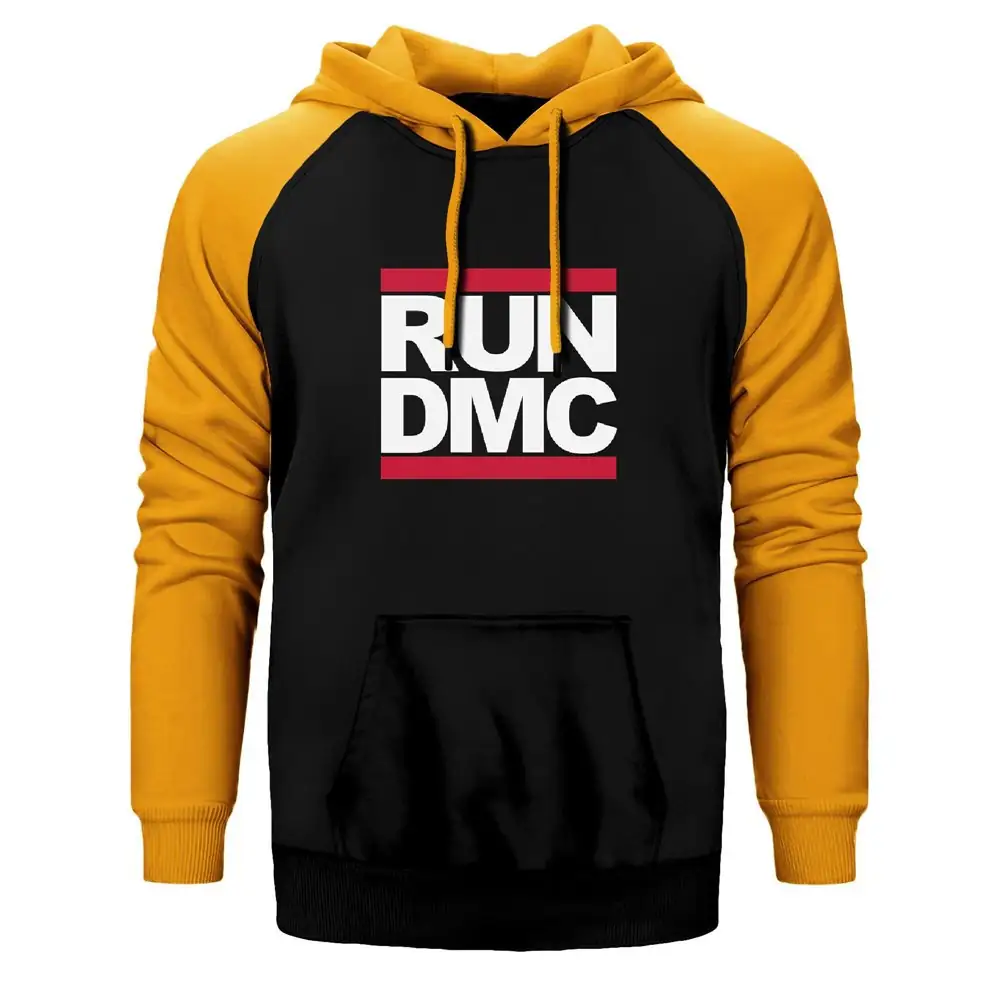 Run Dmc Classic Hoodie, Double Color Raglan Sleeve Yellow Sweatshirt