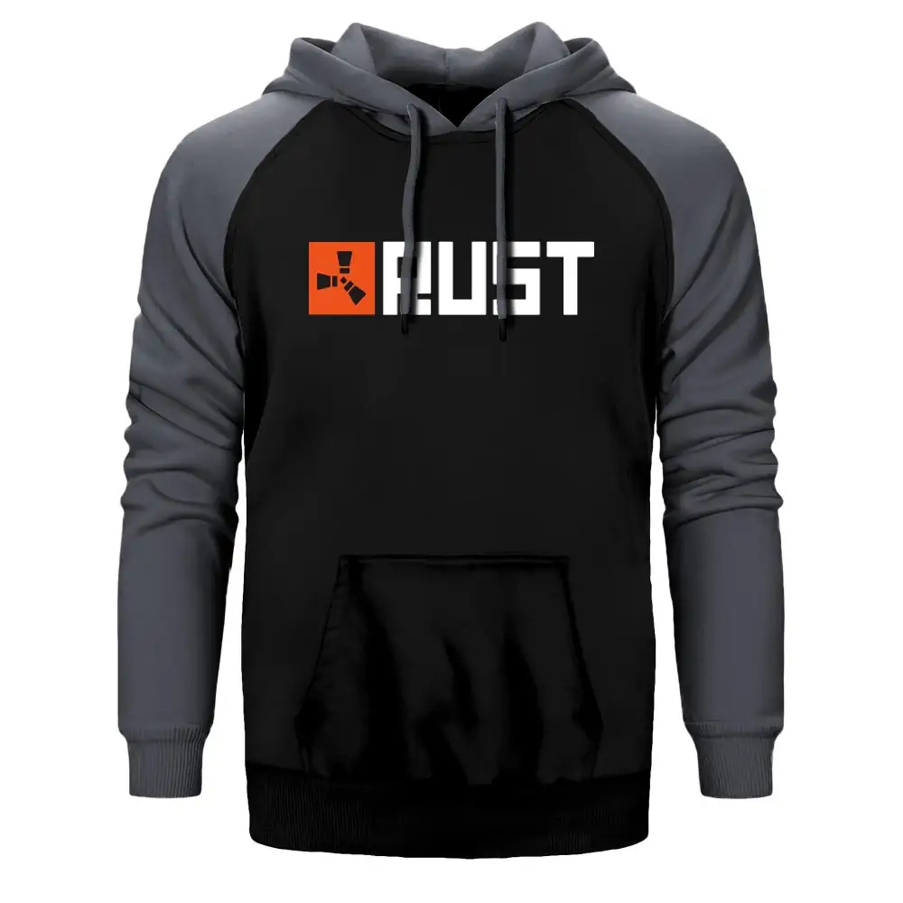 Rust Logo Hoodie, Double Color Raglan Sleeve Gray Sweatshirt