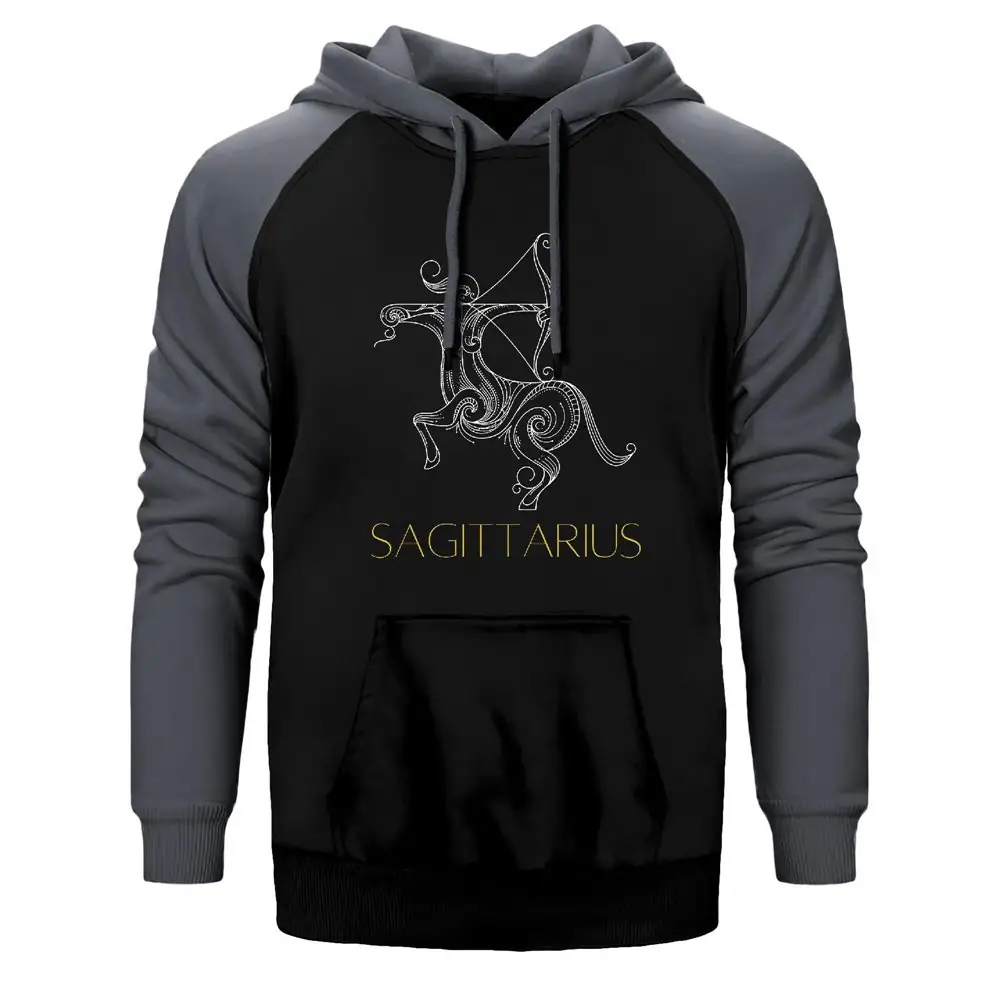 Sagittarius Zodiac Retro Hoodie, Double Color Raglan Sleeve Gray Sweatshirt
