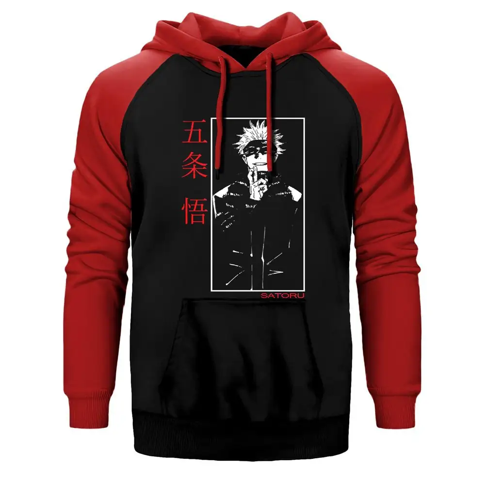 Satoru - Jujutsu Kaisen Hoodie, Double Color Raglan Sleeve Red Sweatshirt