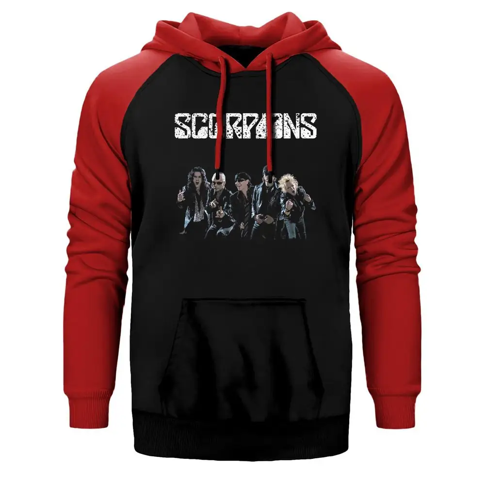 Scorpions Group Hoodie, Double Color Raglan Sleeve Red Sweatshirt