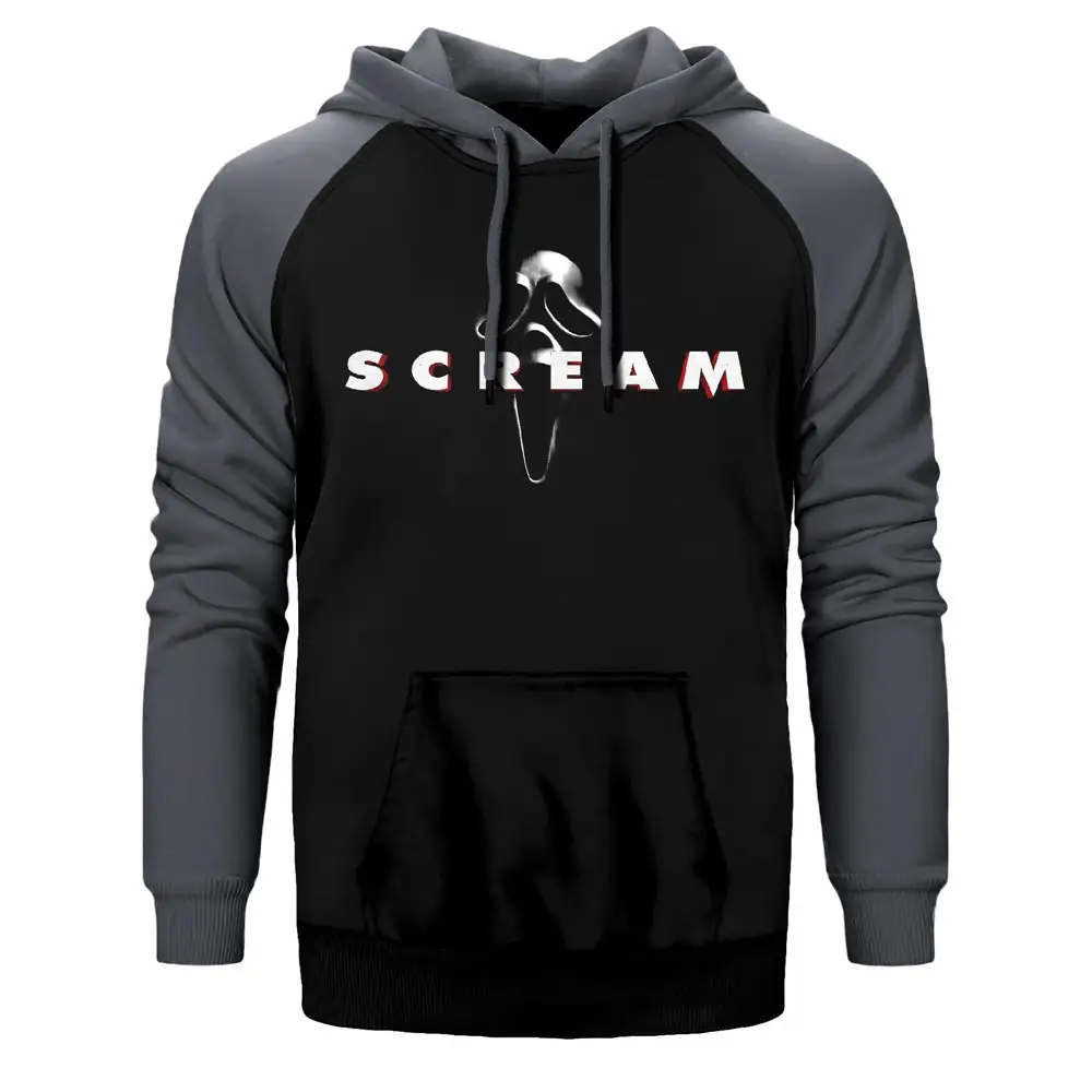 Scream Hoodie, Double Color Raglan Sleeve Gray Sweatshirt