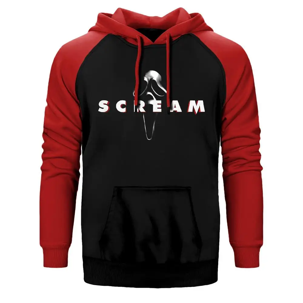 Scream Hoodie, Double Color Raglan Sleeve Red Sweatshirt