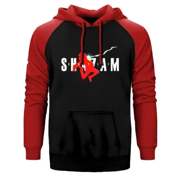 Shazam Logo Hoodie, Double Color Raglan Sleeve Red Sweatshirt