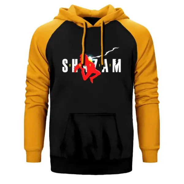 Shazam Logo Hoodie, Double Color Raglan Sleeve Yellow Sweatshirt