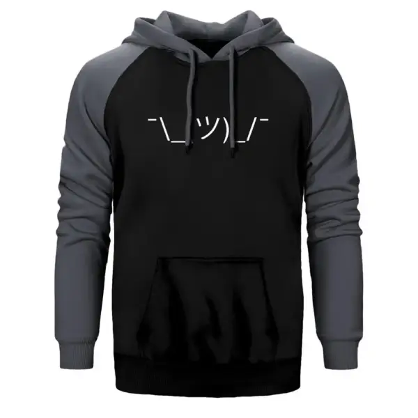 Shrug Emoji Hoodie, Double Color Raglan Sleeve Gray Sweatshirt