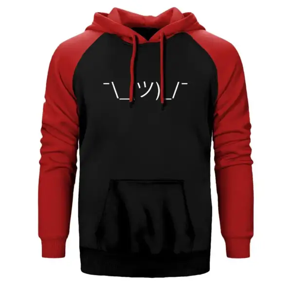 Shrug Emoji Hoodie, Double Color Raglan Sleeve Red Sweatshirt