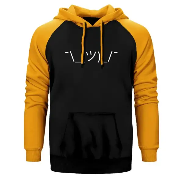 Shrug Emoji Hoodie, Double Color Raglan Sleeve Yellow Sweatshirt