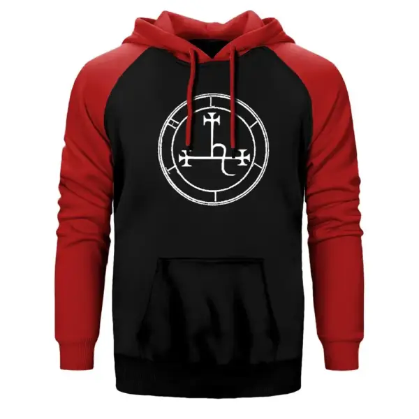 Sigil Of Lilith Hoodie, Double Color Raglan Sleeve Red Sweatshirt