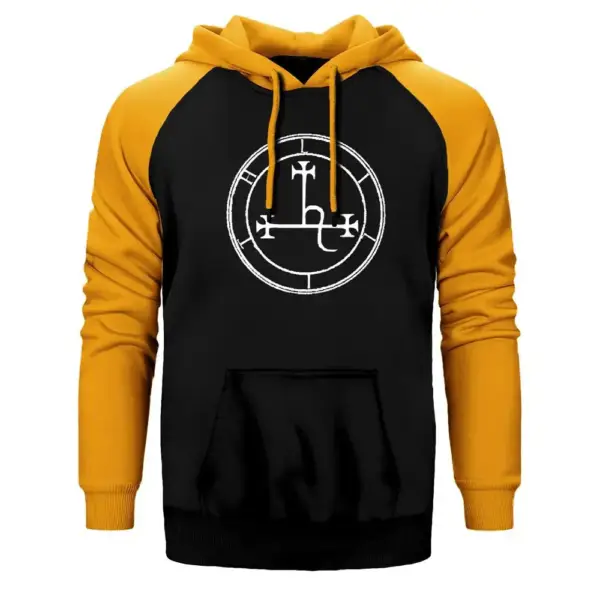 Sigil Of Lilith Hoodie, Double Color Raglan Sleeve Yellow Sweatshirt