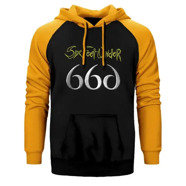 Six Feet Under 666 Hoodie, Double Color Raglan Sleeve Yellow Sweatshirt