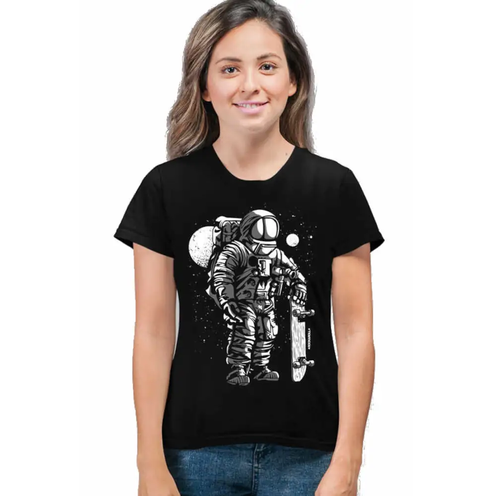 Skateboarder Astronaut Short Sleeve Women's Black T-shirt