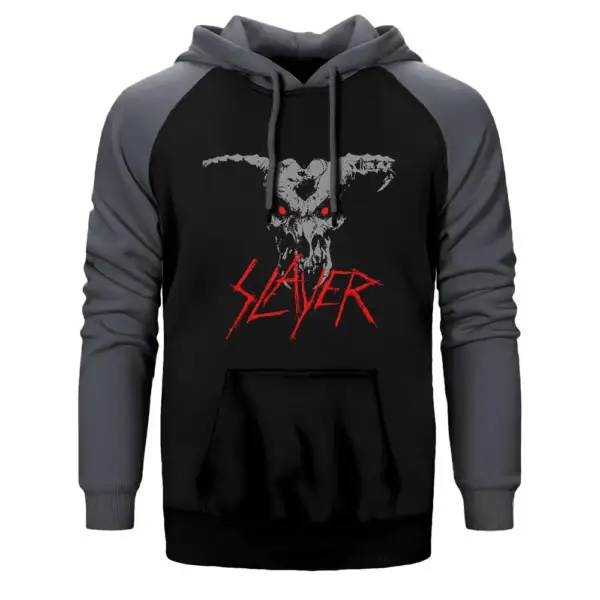 Slayer Demon Hoodie, Double Color Raglan Sleeve Gray Sweatshirt