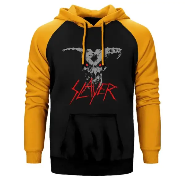 Slayer Demon Hoodie, Double Color Raglan Sleeve Yellow Sweatshirt