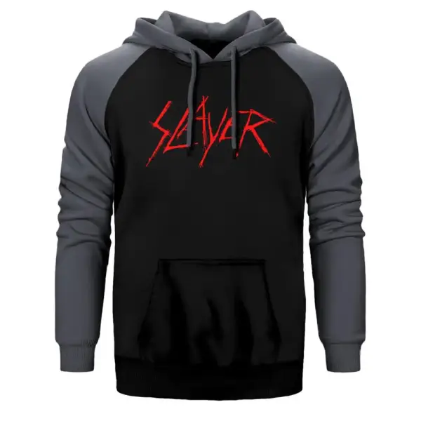 Slayer Logo Hoodie, Double Color Raglan Sleeve Gray Sweatshirt