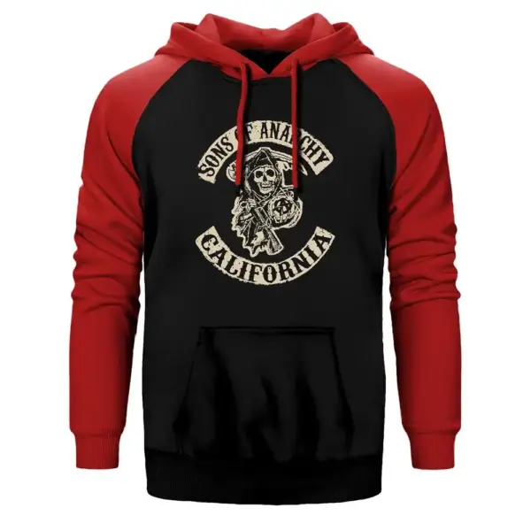 Sons Of Anarchy California Hoodie, Double Color Raglan Sleeve Red Sweatshirt