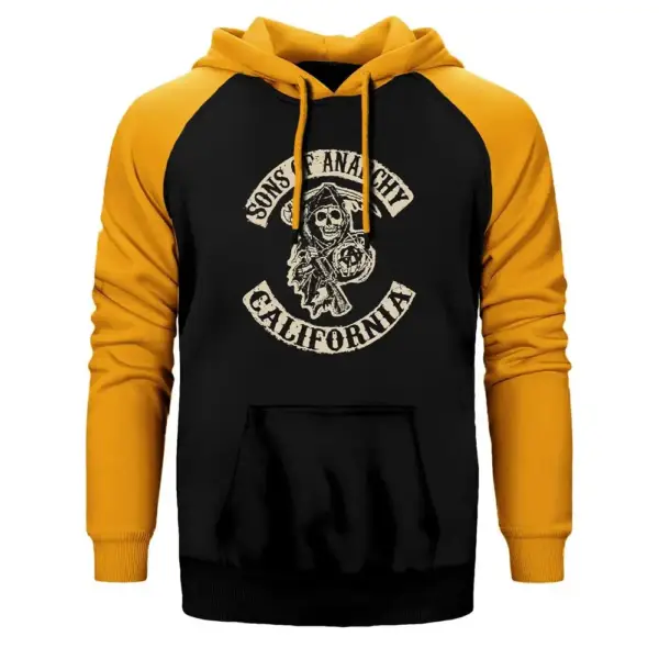 Sons Of Anarchy California Hoodie, Double Color Raglan Sleeve Yellow Sweatshirt