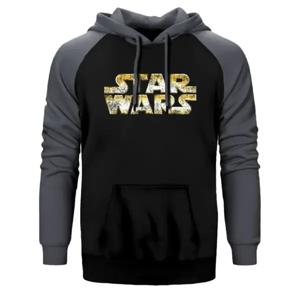 Star Wars Logo Detrited Hoodie, Double Color Raglan Sleeve Gray Sweatshirt