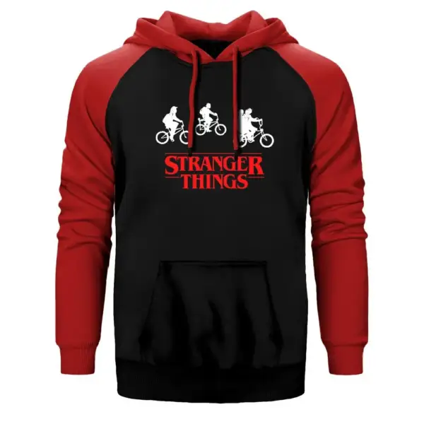 Stranger Things Bicycle Hoodie, Double Color Raglan Sleeve Red Sweatshirt