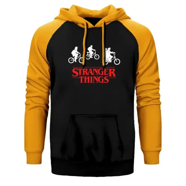 Stranger Things Bicycle Hoodie, Double Color Raglan Sleeve Yellow Sweatshirt