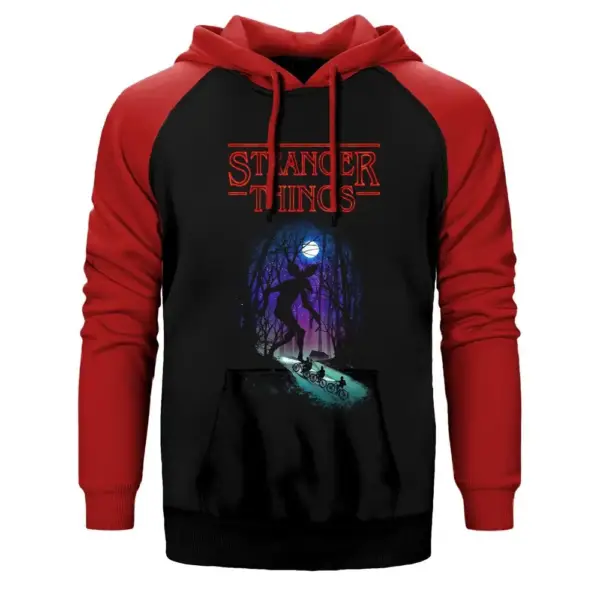 Stranger Things Demogorgon Hoodie, Double Color Raglan Sleeve Red Sweatshirt