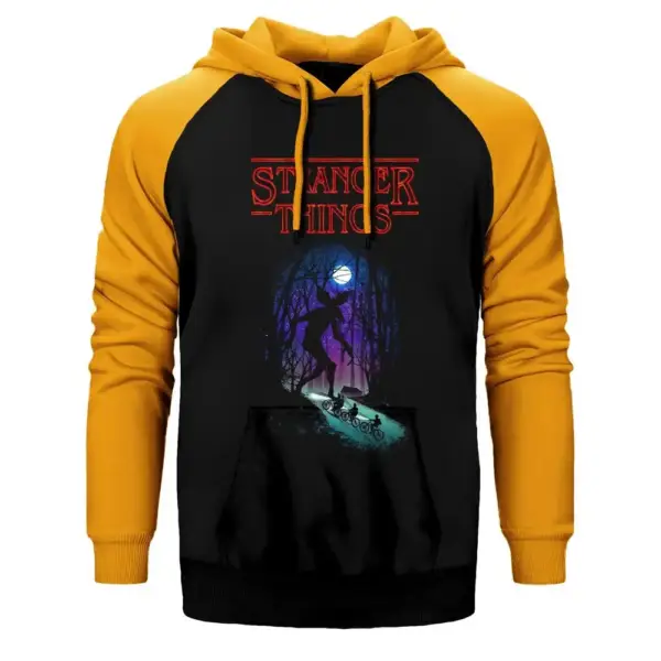 Stranger Things Demogorgon Hoodie, Double Color Raglan Sleeve Yellow Sweatshirt