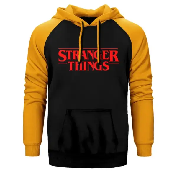 Stranger Things Logo Hoodie, Double Color Raglan Sleeve Yellow Sweatshirt