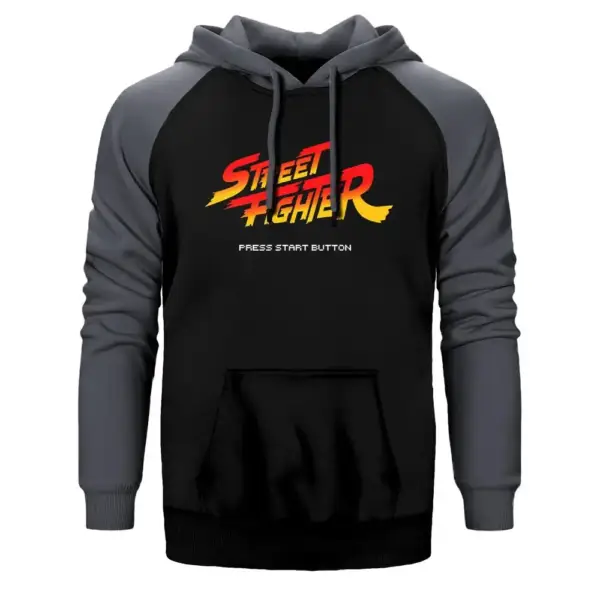 Street Fighter Hoodie, Double Color Raglan Sleeve Gray Sweatshirt