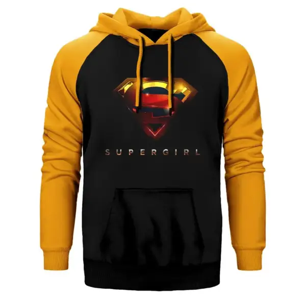 Supergirl Hoodie, Double Color Raglan Sleeve Yellow Sweatshirt