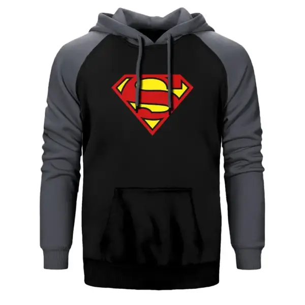 Superman Classic Hoodie, Double Color Raglan Sleeve Gray Sweatshirt