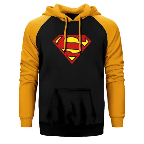 Superman Classic Hoodie, Double Color Raglan Sleeve Yellow Sweatshirt