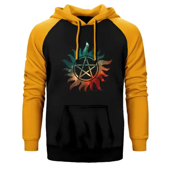 Supernatural Galaxy Logo Hoodie, Double Color Raglan Sleeve Yellow Sweatshirt