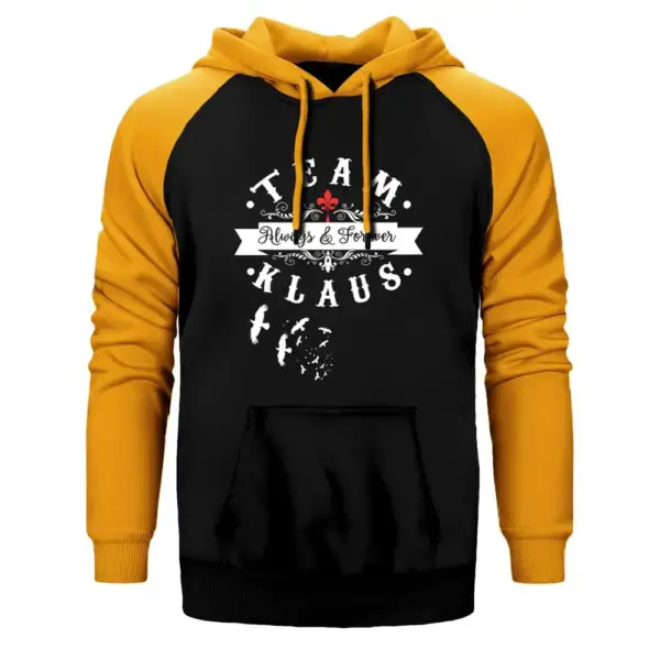 Team Klaus Hoodie, Double Color Raglan Sleeve Yellow Sweatshirt