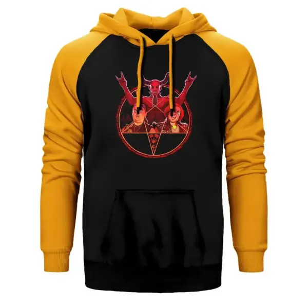 Tenacious D Beelzeboss Hoodie, Double Color Raglan Sleeve Yellow Sweatshirt
