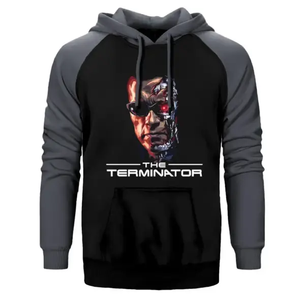 Terminator Arnold Schwarzenegger Hoodie, Double Color Raglan Sleeve Gray Sweatshirt