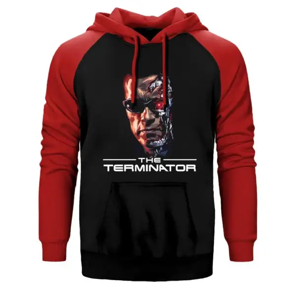 Terminator Arnold Schwarzenegger Hoodie, Double Color Raglan Sleeve Red Sweatshirt