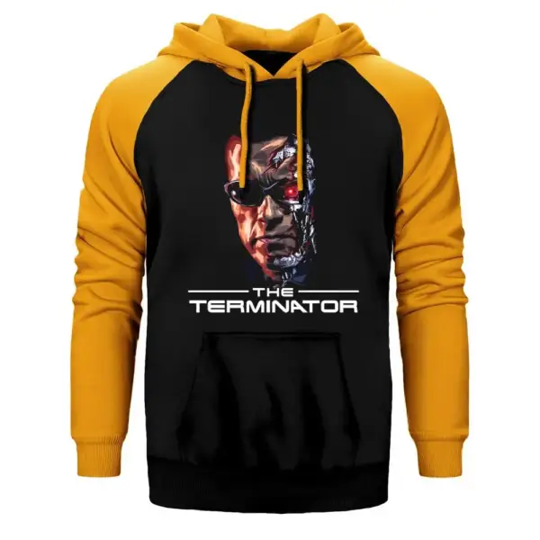 Terminator Arnold Schwarzenegger Hoodie, Double Color Raglan Sleeve Yellow Sweatshirt