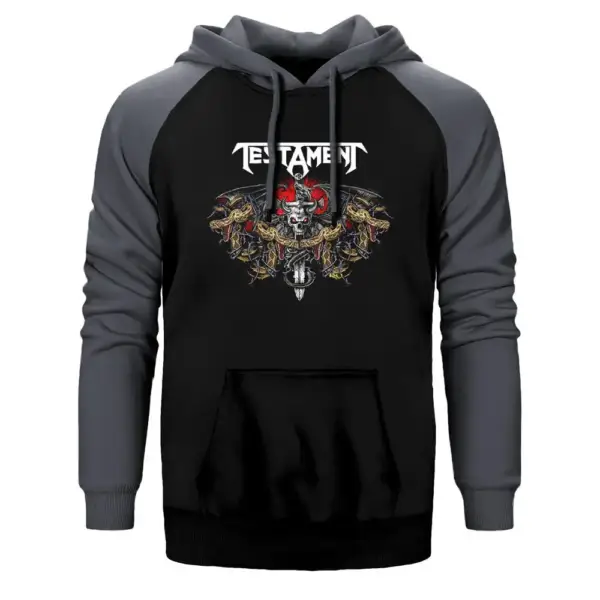 Testament Dark Roots of Thrash Hoodie, Double Color Raglan Sleeve Gray Sweatshirt