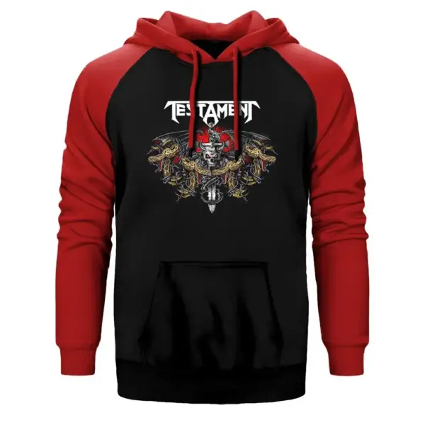 Testament Dark Roots of Thrash Hoodie, Double Color Raglan Sleeve Red Sweatshirt