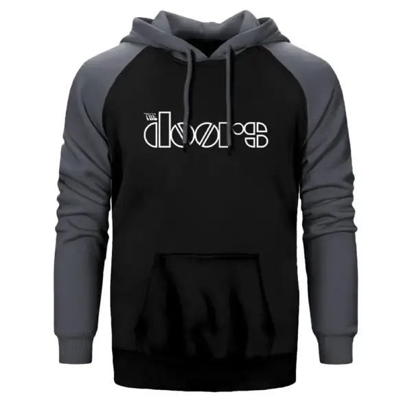 The Doors Outline Hoodie, Double Color Raglan Sleeve Gray Sweatshirt
